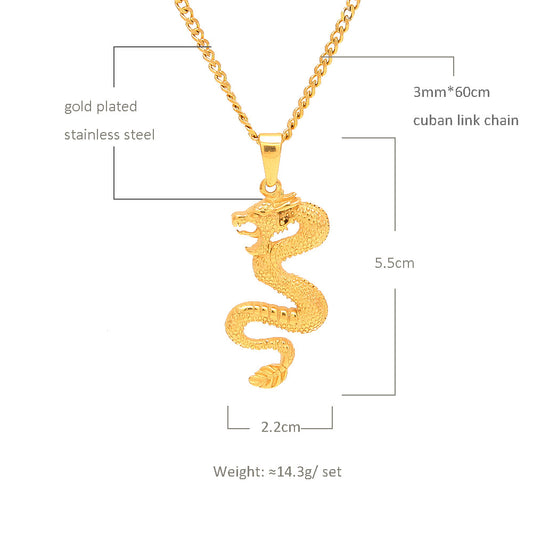 Gold Plated Stainless Steel Dragon Pendant Necklace for Women and Men – Hip Hop Statement Chain
