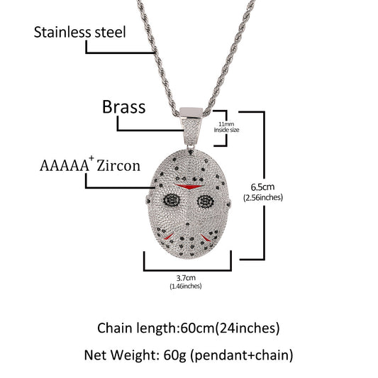Silver Plated Mask Pendant Necklace with Cubic Zirconia, 24 Inch Twist Chain Statement Jewelry