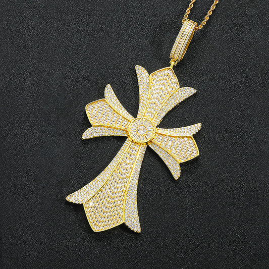 Hip Hop Vintage Cross Floral Copper Pendant Necklace for Men and Women