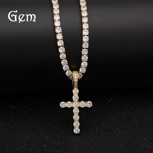 Iced Out Cross Pendant Necklace for Men - Cubic Zirconia Copper Pendant with Gold or Silver Tone Chain