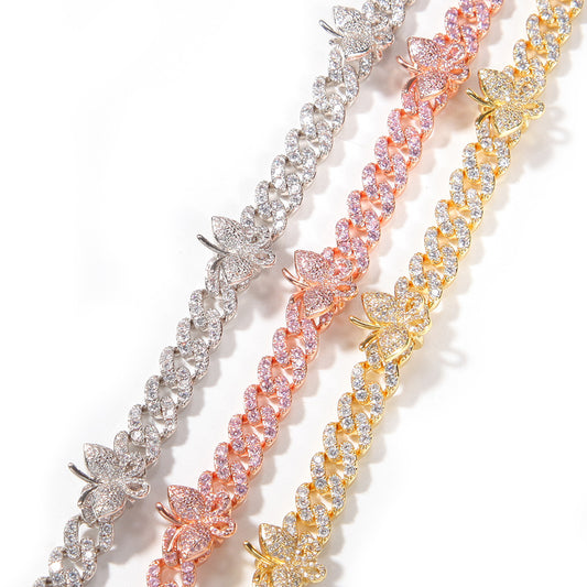 Butterfly Cuban Link Bracelet Anklet with Cubic Zirconia for Women & Men - Gold, Silver, Rose Gold Statement Chain Jewelry