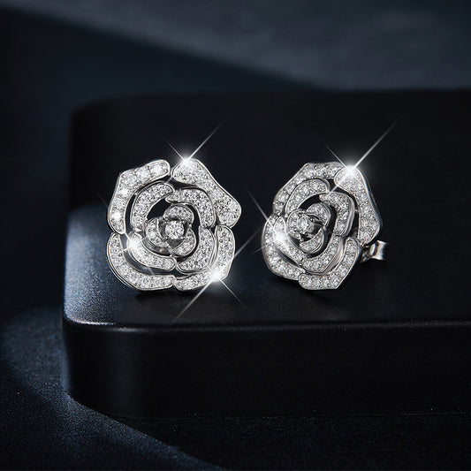 S925 Sterling Silver Camellia Flower Moissanite Stud Earrings for Women alternate product image
