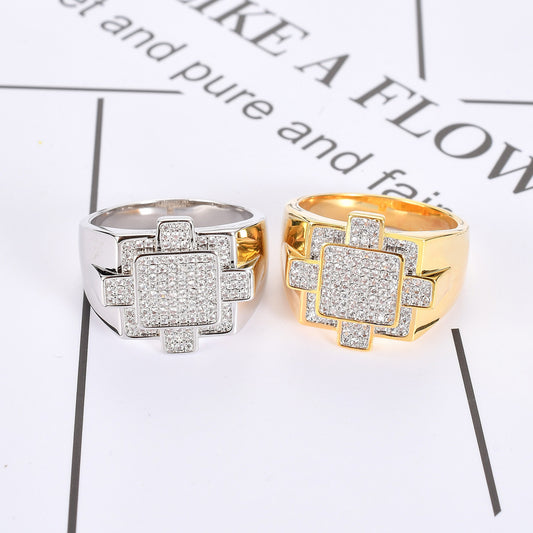 Hip Hop Geometric Cubic Zirconia Ring for Men