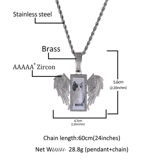 Iced Wing Photo Pendant Necklace with Cuban Twist Chain for Women & Men