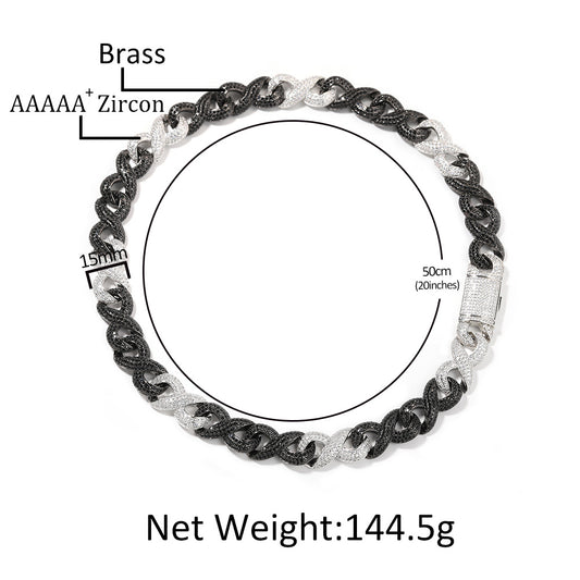 Iced Out Black & Silver Cuban Link Chain Necklace with Double Ring Pendant for Women & Men