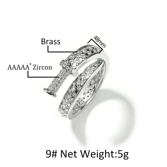 Unisex Silver Tone Cubic Zirconia Statement Ring - Trendy Openwork Line Band for Women & Men