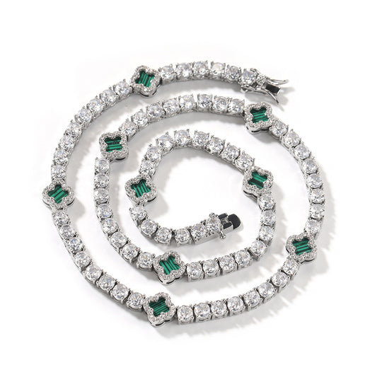 Four Leaf Clover Tennis Chain Necklace & Bracelet for Women - Gold or Silver Plated Copper with Cubic Zirconia