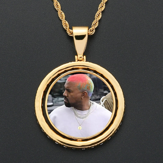 Hip Hop Round Photo Frame Copper Pendant Necklace for Men and Women