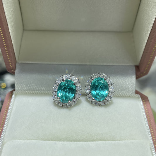 Oval Blue-Green Gemstone Halo Stud Earrings, Vintage-Inspired Sparkling Ear Studs alternate product image
