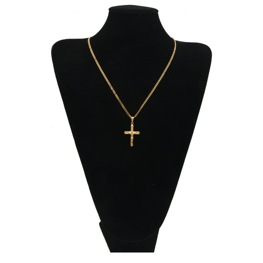 Gold Plated Stainless Steel Cross Pendant Necklace for Men with 3mm Cuban Chain