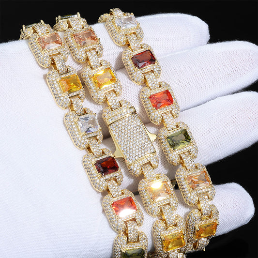 12 mm Multicolor Square Halo CZ Link Hip Hop Necklace with Copper Base - CHA427 alternate product image