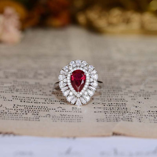 Lab-Created Ruby Halo Ring, Pear-Shaped 18K Gold Plated S925 Silver alternate product image