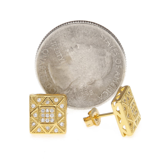 Men’s Square Stud Earrings in Gold & Silver Tone with Crystal Detail – Geometric Statement Earrings