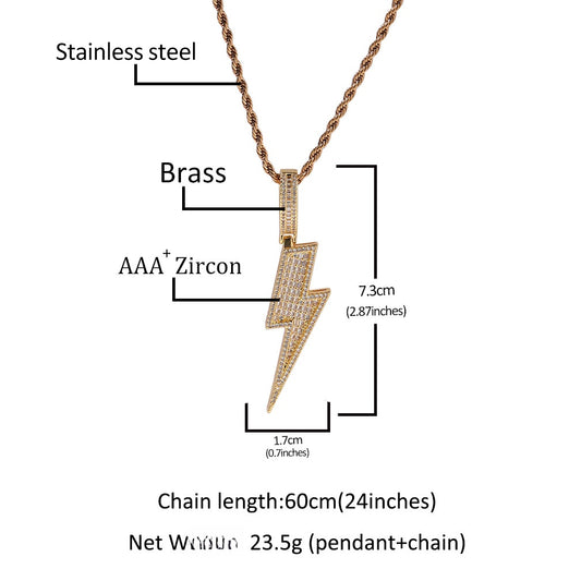 Iced Lightning Bolt Pendant Necklace with Cuban Twist Chain for Women and Men