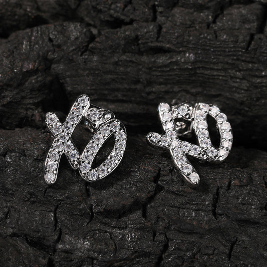Cubic Zirconia XO Letter Stud Earrings for Women & Men, Gold or Silver Tone Copper Hip Hop Statement Earrings