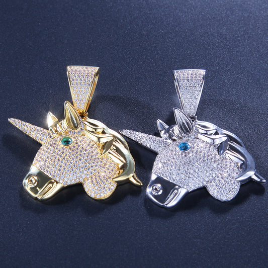 Iced Unicorn Head Pendant Necklace for Women – Cubic Zirconia Statement Chain in Gold Plated or Silver Plated Finish
