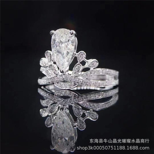 Pear Cut Moissanite Crown Ring for Women, Halo Engagement Ring, 1 Carat or 2 Carat