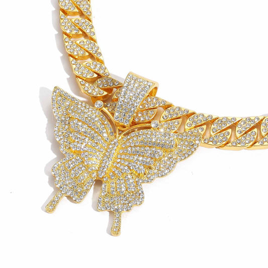 Butterfly Cuban Link Alloy Pendant Necklace for Men and Women