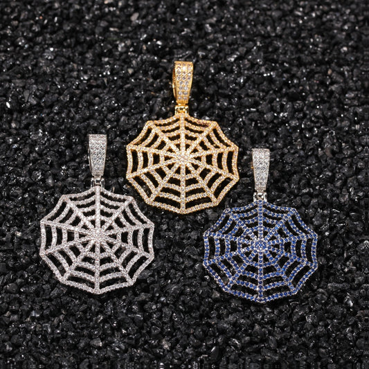 Iced Out Spider Web Pendant Necklace for Women & Men – Cubic Zirconia Statement Chain in Gold Plated or Silver Plated
