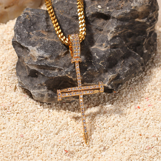 Iced Cross Pendant Necklace for Men with Cubic Zirconia Twist Chain, Gold Plated or Silver Plated Statement Chain Necklace