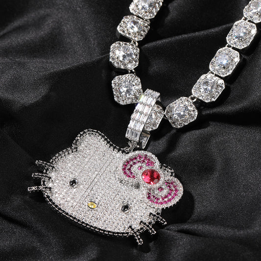 Iced Cat Pendant Necklace with Cubic Zirconia Twisted Chain for Women and Men
