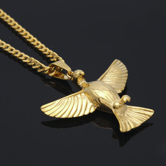 Unisex Stainless Steel Bird Pendant Necklace with 5mm Cuban Chain - Gold Plated or Silver Plated Statement Chain