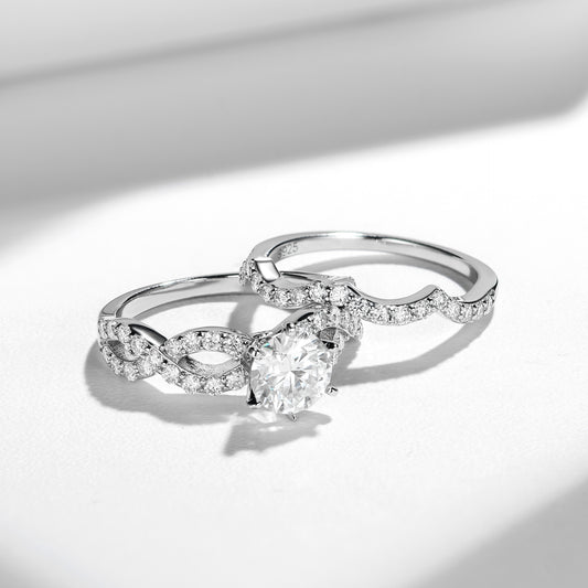 Round Moissanite Solitaire Wave Stackable Engagement Ring Set alternate product image