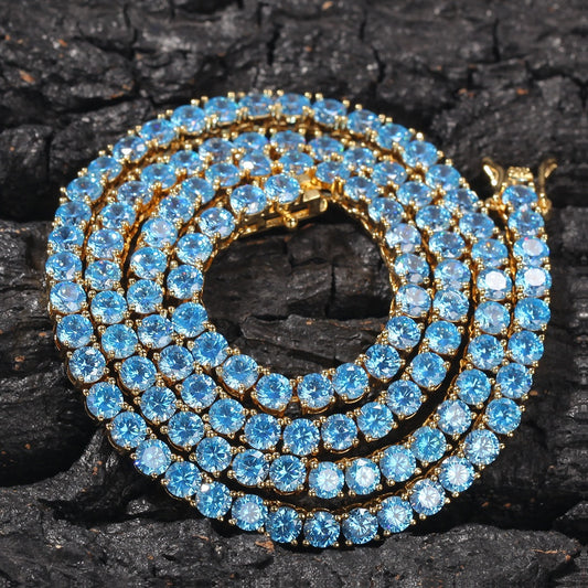 Iced Out Blue Cubic Zirconia Tennis Chain Necklace for Women & Men, Gold Plated or Silver Plated Round Statement Pendant Chain
