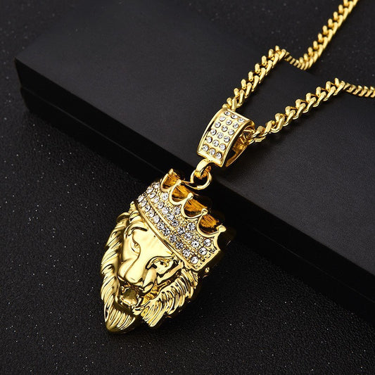 Hip Hop Vintage Crown Lion Alloy Pendant Necklace for Men and Women