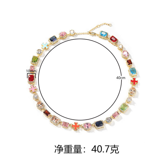 Hip Hop Statement Bracelet and Necklace Set for Women & Men, Colorful Geometric Chain Jewelry in Gold Tone and Silver Tone