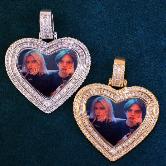 Unisex Iced Heart Photo Pendant Necklace