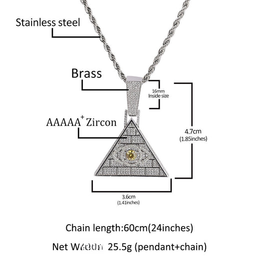 Iced Eye Pendant Necklace with 24 Inch Rope Chain for Women and Men - Gold or Silver Plated Statement Hip Hop Chain