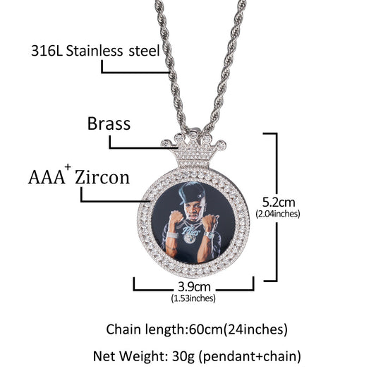 Custom Crown Round Photo Pendant Necklace with Cubic Zirconia Twisted Chain for Women
