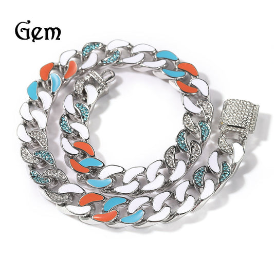 Unisex Hip Hop Enamel Cuban Link Chain Necklace Bracelet Set in Black or Silver