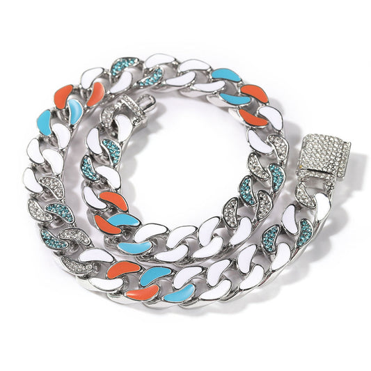 Unisex Hip Hop Enamel Cuban Link Chain Necklace Bracelet Set in Black or Silver alternate product image