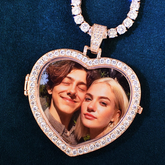 Unisex Iced Heart Photo Pendant Necklace