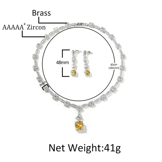 Luxury Cubic Zirconia Chain Necklace and Earrings Set for Women with Yellow Stone Pendant