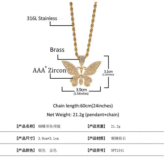 Iced Butterfly Pendant Necklace with Cuban or Rope Chain - Cubic Zirconia Statement Chain for Women and Men