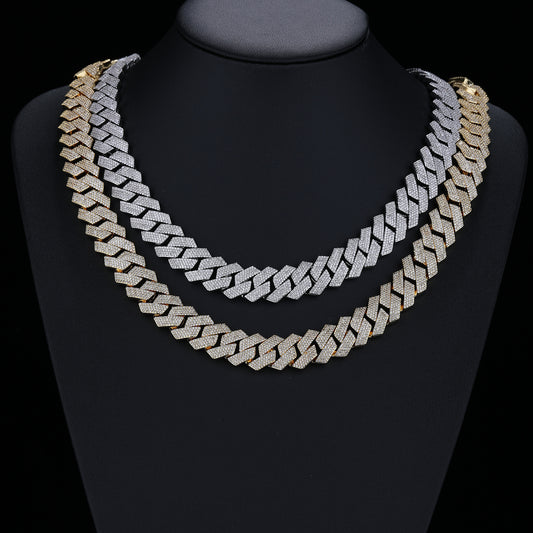 Iced Out Cuban Link Chain Bracelet and Necklace, 15mm Zircon Pavé Rectangular Link, Unisex Hip Hop Jewelry
