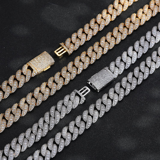 15MM Iced-Out Cuban Link Chain Bracelet & Necklace, Oval Zirconia Hip Hop Jewelry