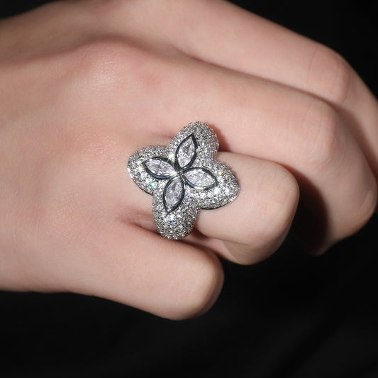 Silver-Tone Clover Flower Ring with Green Crystal Accents and Paved Cubic Zirconia