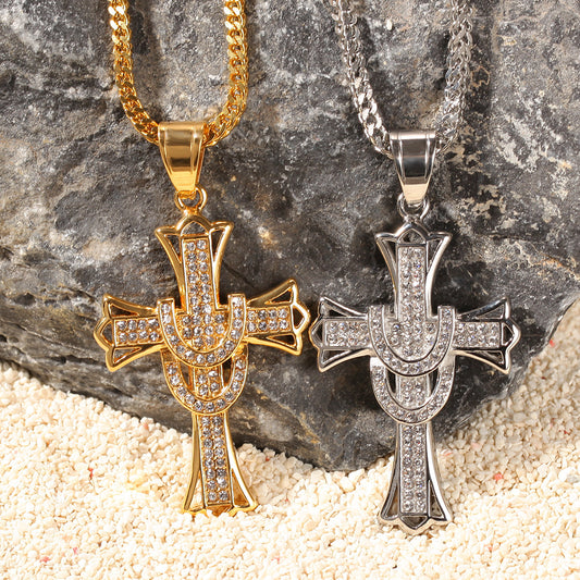 Stainless Steel Cross Pendant Necklace for Women - Gold or Silver Plated Crystal Statement Chain Necklace