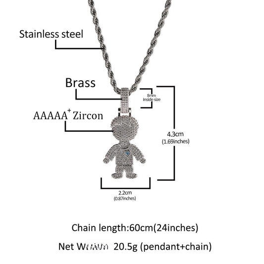 Iced Cartoon Boy & Girl Pendant Necklace with Cubic Zirconia Twisted Chain