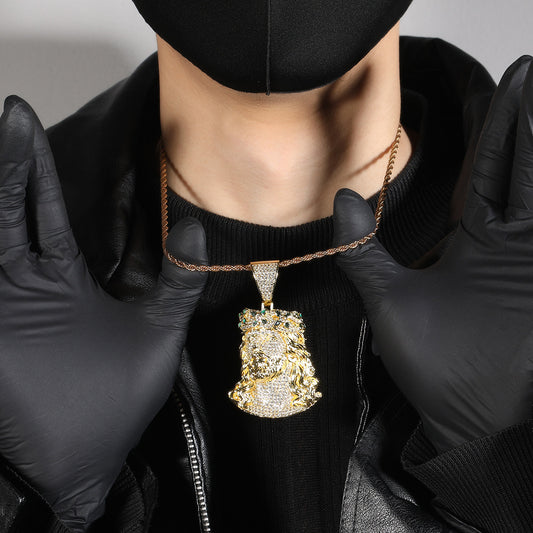 Iced Irregular Jesus Pendant Necklace with Cubic Zirconia Twist Chain for Women and Men