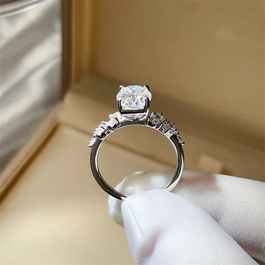 Oval Moissanite Ring for Women with Three-Stone Side Design, Four-Prong Engagement Ring, Sizes 9-20