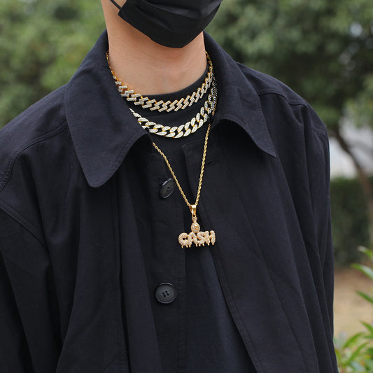 Gold-Tone Iced Cash Pendant Necklace for Women - Stainless Steel Diamond-Look Statement Chain