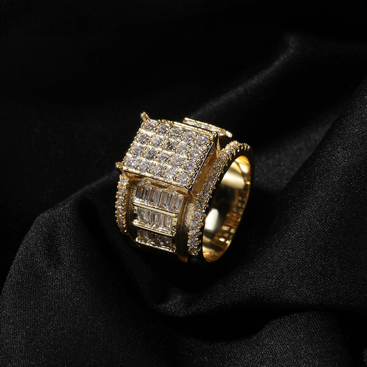 Men’s Gold Plated Square Cubic Zirconia Adjustable Statement Ring