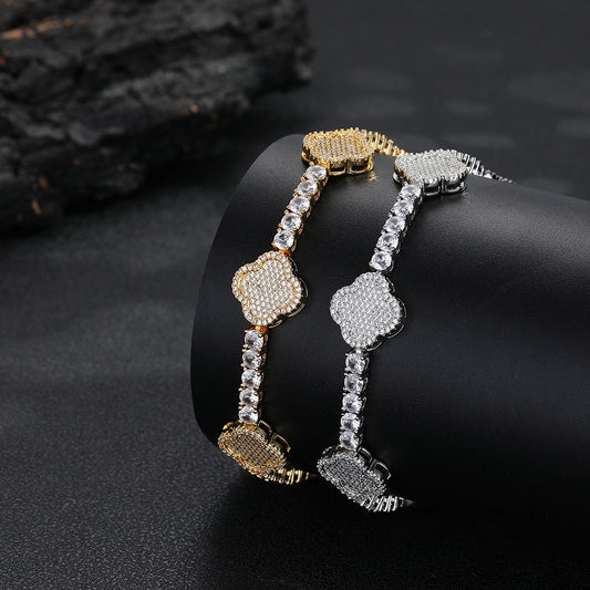 Clover Zircon Tennis Chain Bracelet & Necklace Set, Hip Hop Pendant Jewelry