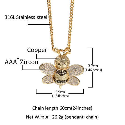 Iced Out Bee Pendant Necklace with Cuban Chain for Women Men, Cubic Zirconia Statement Necklace in Gold or Silver Tone