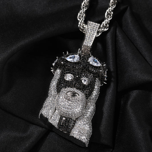 Iced Black & White Dog Head Pendant Necklace with 3mm 24-Inch Twist Chain – Hip Hop Copper Statement Jewelry